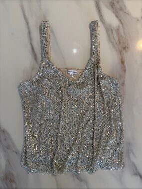 NEW love on a hanger Sequin Cami Camisole Tank Top Large Beige Silver Gold